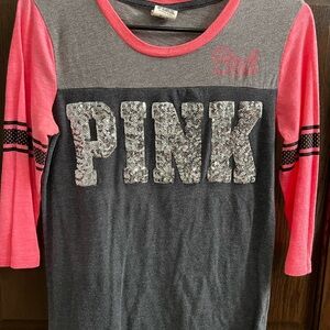 PINK Victoria's Secret Gray and Pink Sequin Logo 3/4 Sleeve Tee